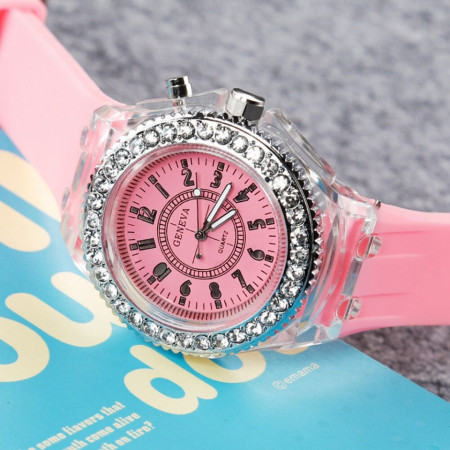 Ceas Activ LED - Jocuri de lumina 7 culori - 4 moduri flash - Fashion Crystal Clasic watch, Pink - Img 2
