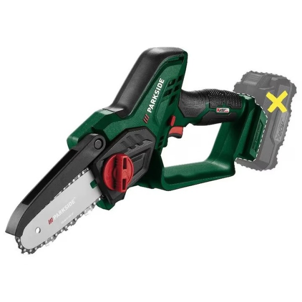 Motofierastrau cu lant Parkside 20V fara baterie si incarcator, lungime de taiere de 15cm, viteza de 8m/s, protectie lama, pentru taiat, maruntire crengi, lemn etc