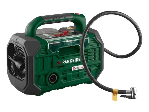 Compresor si pompa de aer pe acumulator de 20V Parkside, fara acumulator si incarcator, iluminare cu led si intrerupator separat pentru pornire si oprire