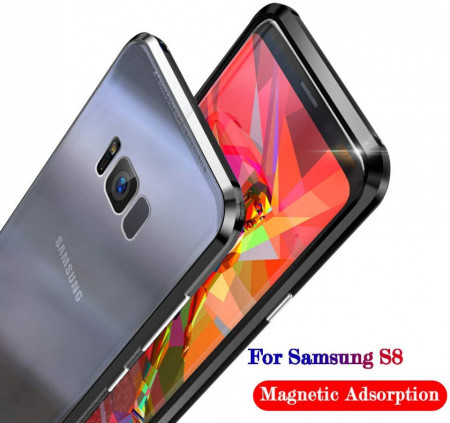 Husa Samsung Galaxy S8 , Magnetica Negru, Perfect Fit cu spate de sticla securizata premium + folie de sticla pentru ecran