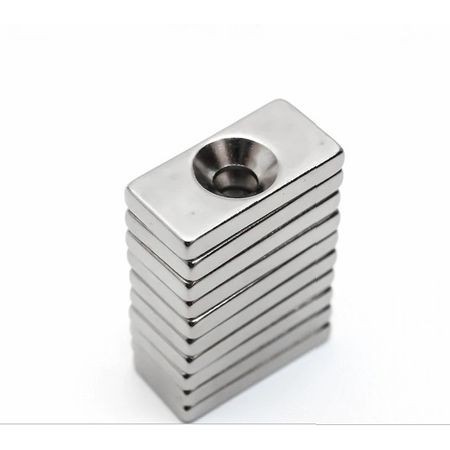 Magnet puternic neodim bloc 20 mm x 10 mm x 3 mm cu gaura de sustinere de 4 mm diametru