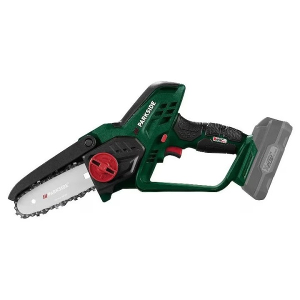 Motofierastrau cu lant Parkside 20V fara baterie si incarcator, lungime de taiere de 15cm, viteza de 8m/s, protectie lama, pentru taiat, maruntire crengi, lemn etc