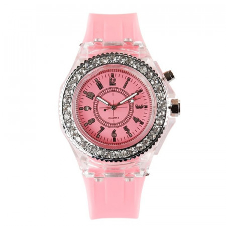 Ceas Activ LED - Jocuri de lumina 7 culori - 4 moduri flash - Fashion Crystal Clasic watch, Pink - Img 4