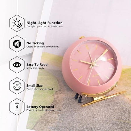 Ceas desteptator Luxury analogic , design clasic din metal, functie silentioasa cu iluminare de noapte, Rose/Auriu - Img 2