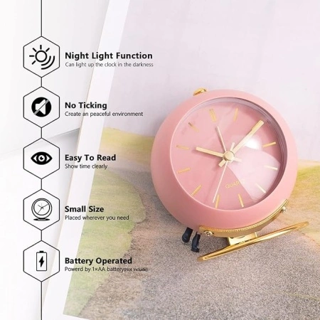 Ceas desteptator Luxury analogic , design clasic din metal, functie silentioasa cu iluminare de noapte, Rose/Auriu - Img 2