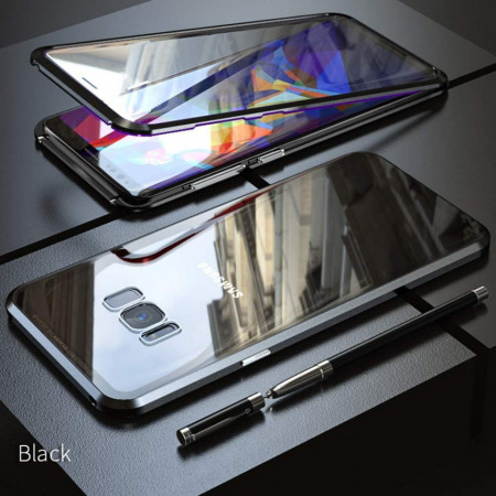 Husa Samsung Galaxy S8 , Magnetica Negru, Perfect Fit cu spate de sticla securizata premium + folie de sticla pentru ecran