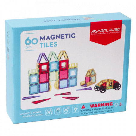 Set de Constructie Magnetic Tiles 3D, jucarii educationale, Elemente Magnetice, diferite variante de asamblare, Cadou baieti si fete, 60 Piese, Multicolor, 3 ani
