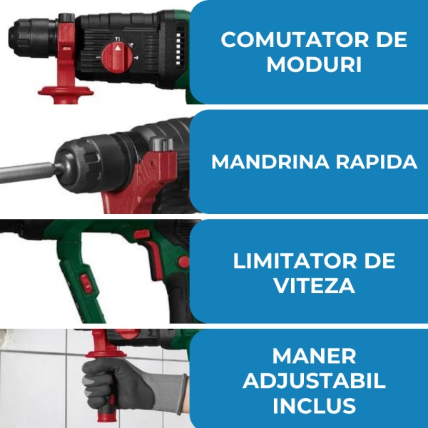 Ciocan rotopercutor cu fir Parkside PBH 1050 D4 Putere de 1050W, Mandrina rapida, Forta de percutie de 3J, nr. percutii 5300 min, turatie de 980 rpm, Verde - Img 2