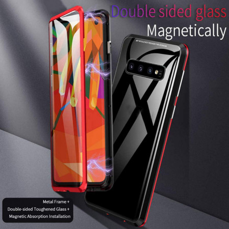 Husa Samsung Galaxy S10 Plus Magnetica 360 grade Black, Perfect Fit cu spate de sticla securizata premium + folie de sticla pentru ecran