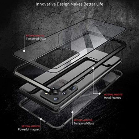 Husa Samsung Galaxy S20 Plus , Magnetica 360 Negru, Perfect Fit cu spate de sticla securizata premium + folie de sticla pentru ecran