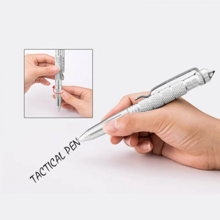 Pix tactic Multifunctional ideal pentru Autoaparare, Instrument de Scris si Spargere Geam in caz de Urgenta, Metalic, Agintiu