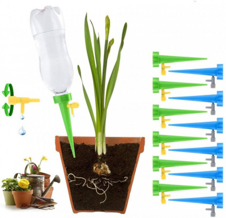 Kit de irigare a plantelor irigator cu supapa de picurare Fabricat din plastic, sigur si ecologic.  Picuratorul poate controla debitul in functie de necesitatile plantei. Ofera cantitati diferite de apa pentru diferite plante si flori.  Setul este perfect