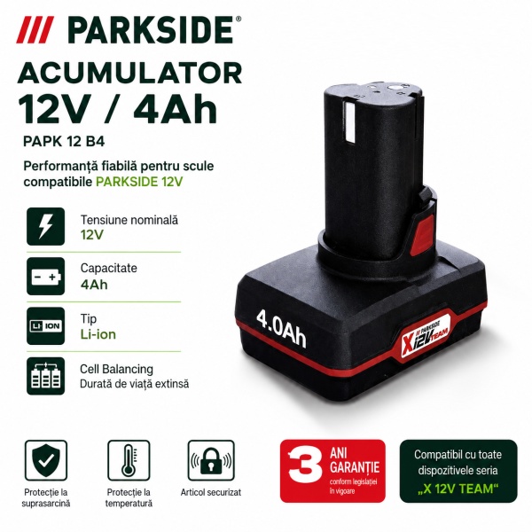 Acumulator Li-Ion 12V 4Ah PAPK 12 compatibil cu seria PARKSIDE X 12V Team - Img 2