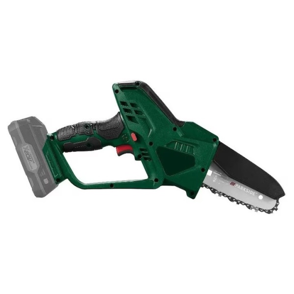 Motofierastrau cu lant Parkside 20V fara baterie si incarcator, lungime de taiere de 15cm, viteza de 8m/s, protectie lama, pentru taiat, maruntire crengi, lemn etc