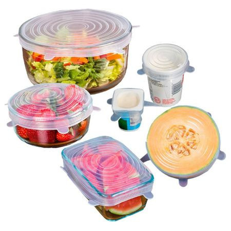 Set 6 Capace transparente si flexibile din silicon pentru vase/recipiente, castron, bol, pahar, borcan, inlocuitor de folie strech alimentara