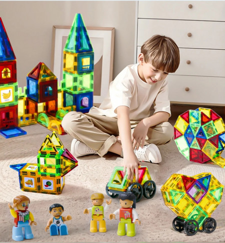 Set de Constructie Magnetic Tiles 3D, jucarii educationale, Elemente Magnetice, diferite variante de asamblare, Cadou baieti si fete, 60 Piese, Multicolor, 3 ani