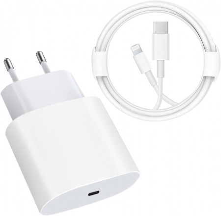 Set Incarcator Fast Charge APPLE 20W Pentru IPhone X/11/12/13/14 Pro/Pro Max +Cablu De Date Fast Charge Type-C-Lightning