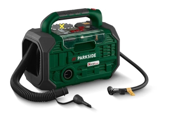 Compresor si pompa de aer pe acumulator de 20V Parkside, fara acumulator si incarcator, iluminare cu led si intrerupator separat pentru pornire si oprire