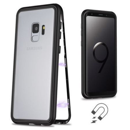 Husa Samsung Galaxy S9 Plus Magnetica 360 grade Black, Perfect Fit cu spate de sticla securizata premium + folie de sticla pentru ecran