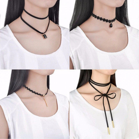 Set 10 coliere pentru gat tip Choker Fashion Black