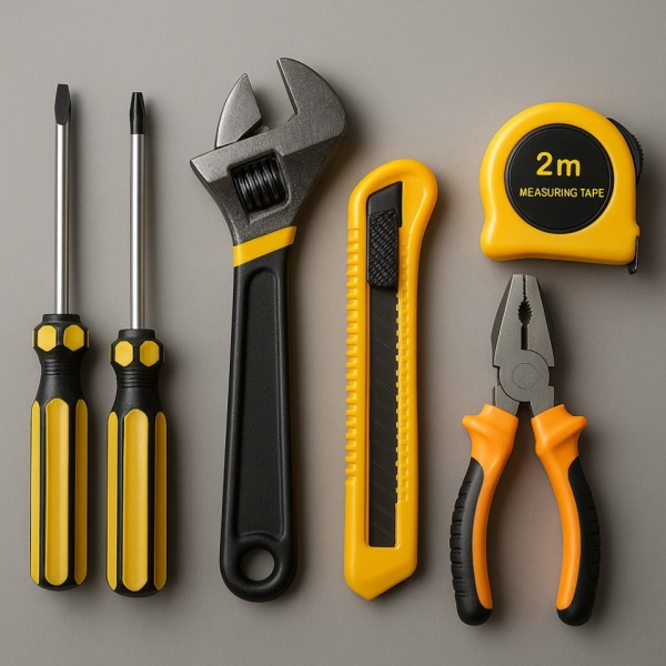 Set scule multifunctional pentru casa, 6 piese, 2x surubelnite, cheie reglabila, cleste, cutter, ruleta 2m - Img 3