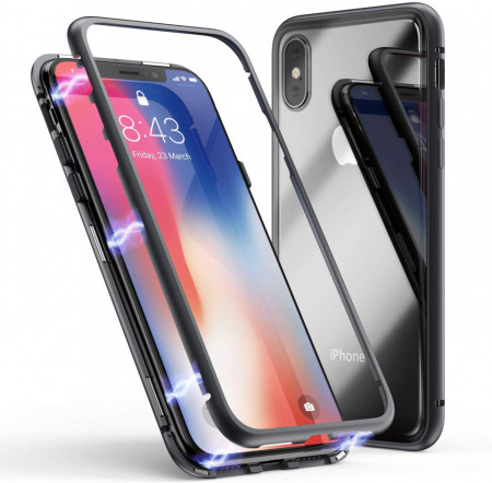 Husa Apple iPhone XS MAX Magnetica cu spate din sticla securizata si folie privacy pentru ecran, Perfect Fit