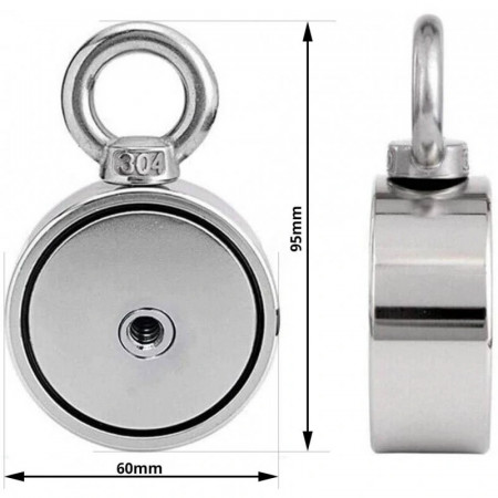 Magnet neodim oală D60 mm cu două cârlige inelare și două fețe x 120 kg - magnet fishing - Img 5