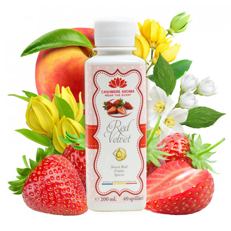 Parfum de rufe RED VELVET cu arome de Banana, Capsuna, Fructe rosii, Iasomie, Para, Piersica, Ylang Ylang, 200ml, 40 de spalari - Img 4
