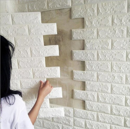 Tapet 3D Alb design perete modern din caramida in relief, Autoadeziv , 77x70 cm