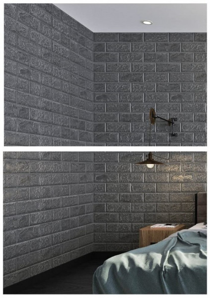 Tapet 3D Silver design perete modern din caramida in relief, Autoadeziv , 77x70 cm - Img 2
