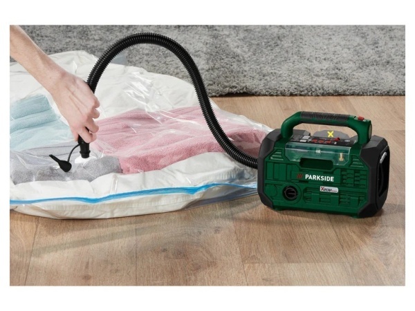Compresor si pompa de aer pe acumulator de 20V Parkside, fara acumulator si incarcator, iluminare cu led si intrerupator separat pentru pornire si oprire