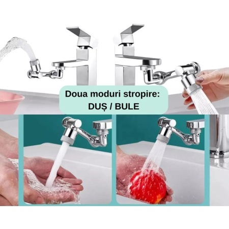 Extensie Robinet Rotativa, Adaptor Apa Baterie, Universal, Rotatie de 1080 °, Functie de Economisire a Apei, Doua Moduri Dus / Bule, Argintiu