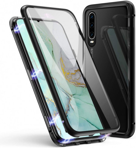 Husa Huawei P30 Pro , Magnetica 360 Negru, Perfect Fit cu spate de sticla securizata premium + folie de sticla pentru ecran