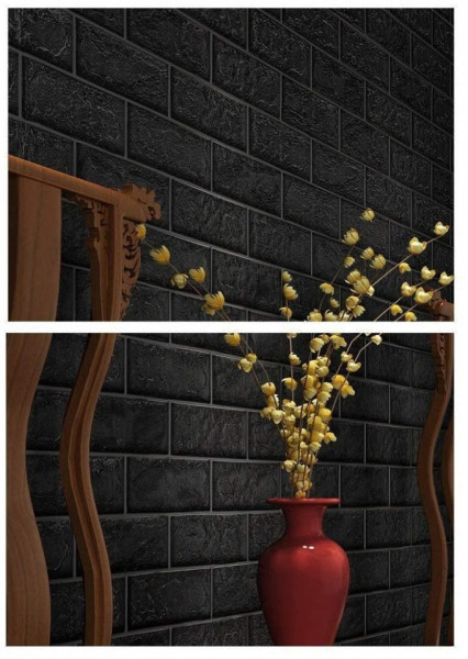 Tapet 3D Black design perete modern din caramida in relief, Autoadeziv , 77x70 cm - Img 3