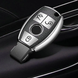 Husa Cheie Auto pentru Mercedes Benz, cu insertii piele, 3 Butoane, Silicon, Silver