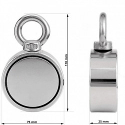 Magnet neodim oală D75 mm cu două cârlige inelare și două fețe x 160 kg - magnet fishing