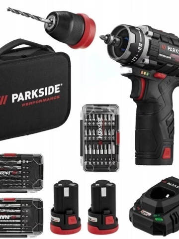 Masina de gaurit si insurubat ParkSide Performance, set cu 2 acumulatori, accesorii, mandrina detasabila, 12V, 43 piese, geanta de transport
