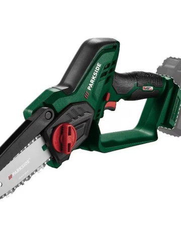 Motofierastrau cu lant Parkside 20V fara baterie si incarcator, lungime de taiere de 15cm, viteza de 8m/s, protectie lama, pentru taiat, maruntire crengi, lemn etc