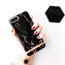 Husa Apple iPhone 7, Elegance Luxury Marble Red TPU, husa cu insertii marmura neagra-aurie