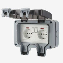 Priza dubla exterior, Model Standard European, 250V/16A, IP66, rezistenta la apa si praf, gri cu intrerupatoare individuale