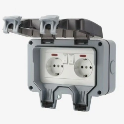 Priza dubla exterior, Model Standard European, 250V/16A, IP66, rezistenta la apa si praf, gri cu intrerupatoare individuale