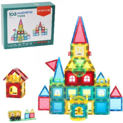 Set de Constructie Magnetic Tiles 3D, jucarii educationale, Elemente Magnetice, diferite variante de asamblare, Cadou baieti si fete, 103 Piese, Multicolor, 3 ani