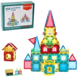 Set de Constructie Magnetic Tiles 3D, jucarii educationale, Elemente Magnetice, diferite variante de asamblare, Cadou baieti si fete, 103 Piese, Multicolor, 3 ani