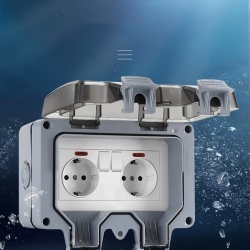 Priza dubla exterior, Model Standard European, 250V/16A, IP66, rezistenta la apa si praf, gri cu intrerupatoare individuale