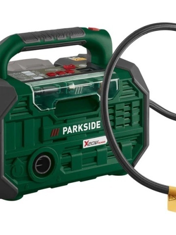 Compresor si pompa de aer pe acumulator de 20V Parkside, fara acumulator si incarcator, iluminare cu led si intrerupator separat pentru pornire si oprire