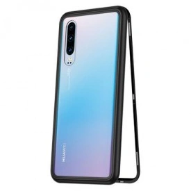 Husa Huawei P30 Magnetica Black, Perfect Fit cu spate de sticla securizata premium