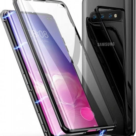 Husa Samsung Galaxy S10 Magnetica 360 grade Black, Perfect Fit cu spate de sticla securizata premium + folie de sticla pentru ecran