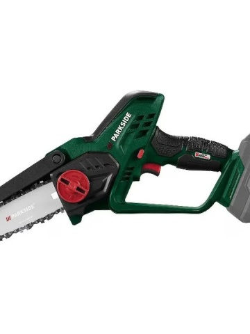 Motofierastrau cu lant Parkside 20V fara baterie si incarcator, lungime de taiere de 15cm, viteza de 8m/s, protectie lama, pentru taiat, maruntire crengi, lemn etc