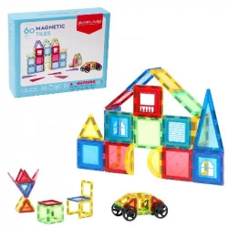 Set de Constructie Magnetic Tiles 3D, jucarii educationale, Elemente Magnetice, diferite variante de asamblare, Cadou baieti si fete, 60 Piese, Multicolor, 3 ani