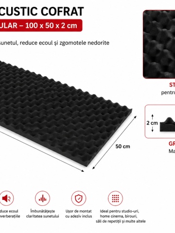 Burete acustic fonoabsorbant cofrat si izolator fonic, Adezivat, Dimensiune placa 100X50X2cm
